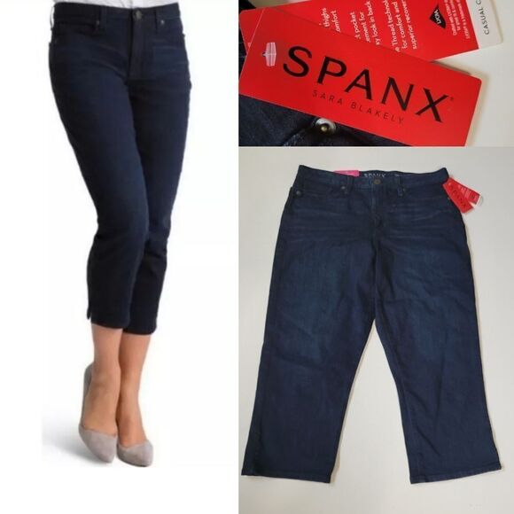$119 NEW SPANX 30 DARK WASH CROPPED STRAIGHT LEG CAPRI PANTS SLIMMING JEANS NWT - Picture 1 of 11